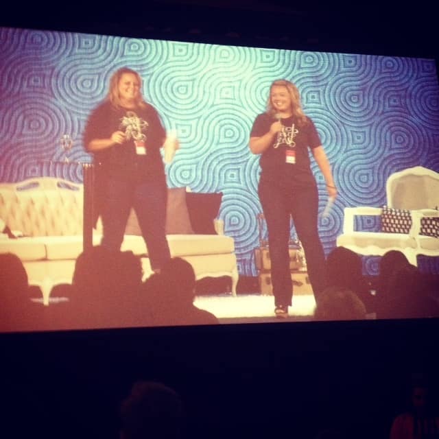 The P31 Online Bible Studies dynamic duo of Nicki Koziarz and Melissa Taylor giving announcements and a light comedy routine.