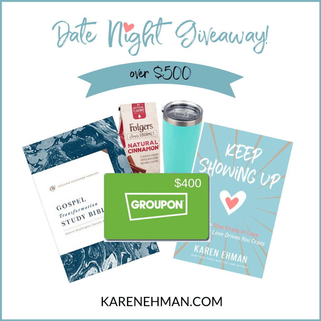 Date Night Giveaway worth over $500 up for grabs at karenehman.com to celebrate the release of her #keepshowingupbook on marriage.