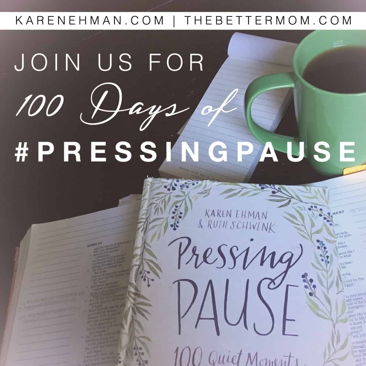 100 Days of Pressing Pause - a summer community for moms on Facebook with co-authors Karen Ehman and Ruth Schwenk (The Better Mom). Click here to join us.